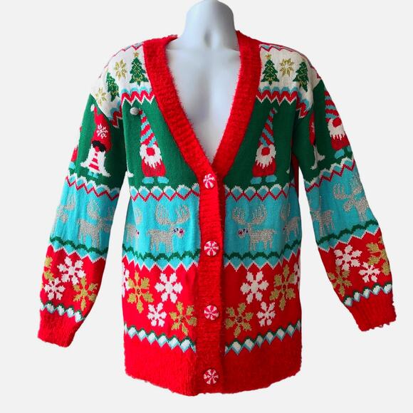 Holiday Time Groovy Gnomes Ugly Christmas Cardigan Sweater Size Small - Picture 1 of 6